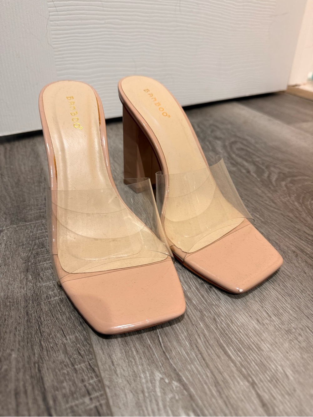 BAMBOO Blush Patent Square-Toe Mules with Clear Strap
